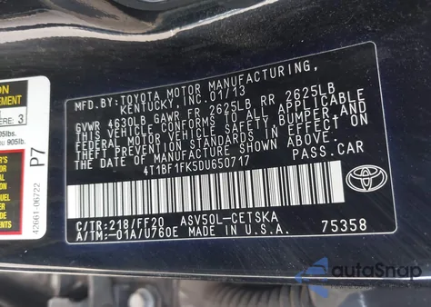 2013 Toyota Camry Se from USA, damaged, VIN 4T1BF1FK5DU650717